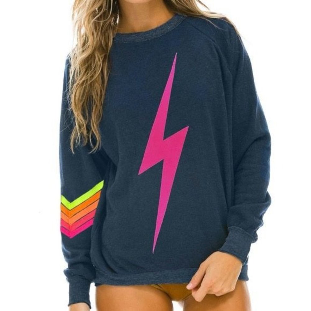 Aviator Nation Navy Crewneck Sweatshirt with Pink Bolt and Neon Chevron